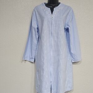 Miss Elaine | Women's Blue Plaid Cotton Zip-Front Loungewear Nightgown Robe M